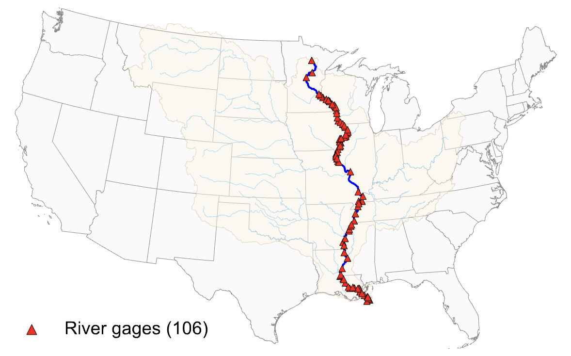 Map of river gages along the Mississippi mainstem